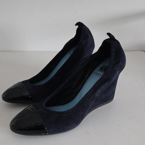 LANVIN | Navy suede wedge pumps with Black patent leather cap toes Sz 38 - Picture 2 of 6